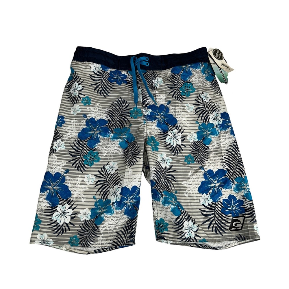 Laguna Boys XL 18/20 Blue Floral Baja Stripe Swim Trunks UPF 50 NWT